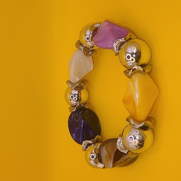 Stretch bracelet with silver tone beads and faux multicolored stones - Picture 1 of 3